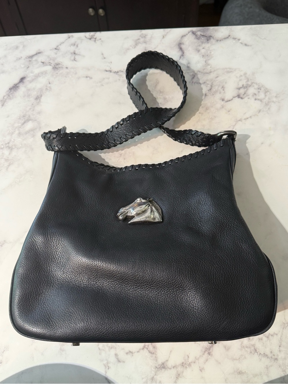 Barry Kieselstein-Cord Black Leather Handbag with Silver Horse Head motif